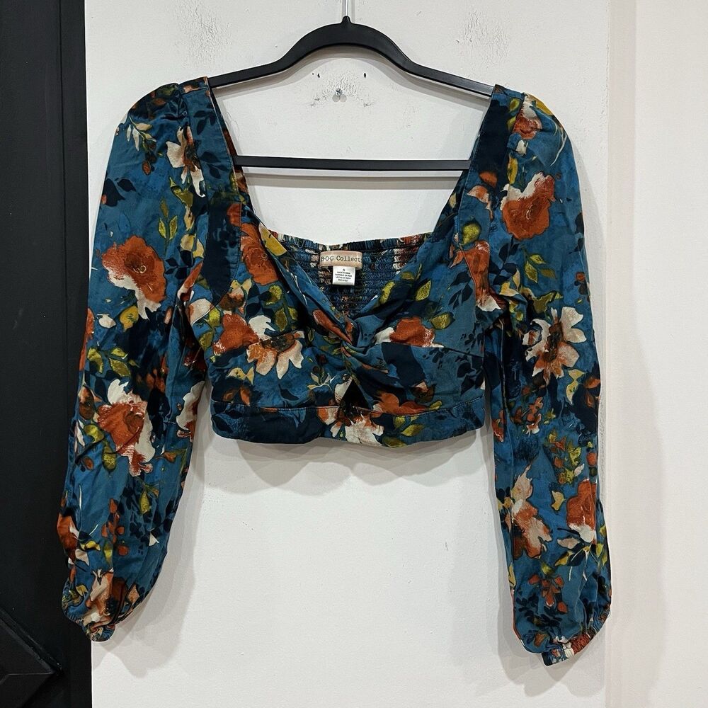 BOG Collective Floral Long Sleeve Twist Front Keyhole Crop Top Size Small Boho